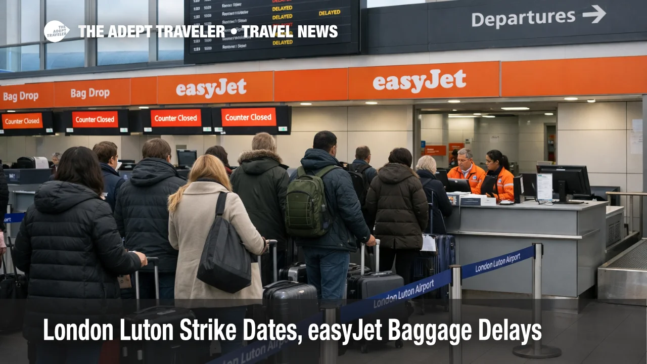 London Luton baggage strike queues form at easyJet bag drop as the departures board shows delays