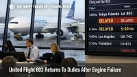 United Flight 803 engine failure, travelers rebook at Dulles as a Tokyo departure shows major delays on the terminal board