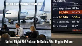 United Flight 803 engine failure, travelers rebook at Dulles as a Tokyo departure shows major delays on the terminal board