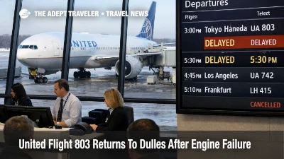 United Flight 803 engine failure, travelers rebook at Dulles as a Tokyo departure shows major delays on the terminal board