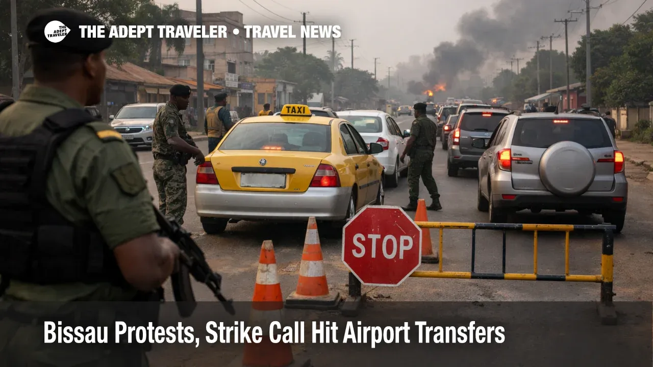 Bissau protests airport transfers slow at a checkpoint on the main road, raising missed flight risk at OXB