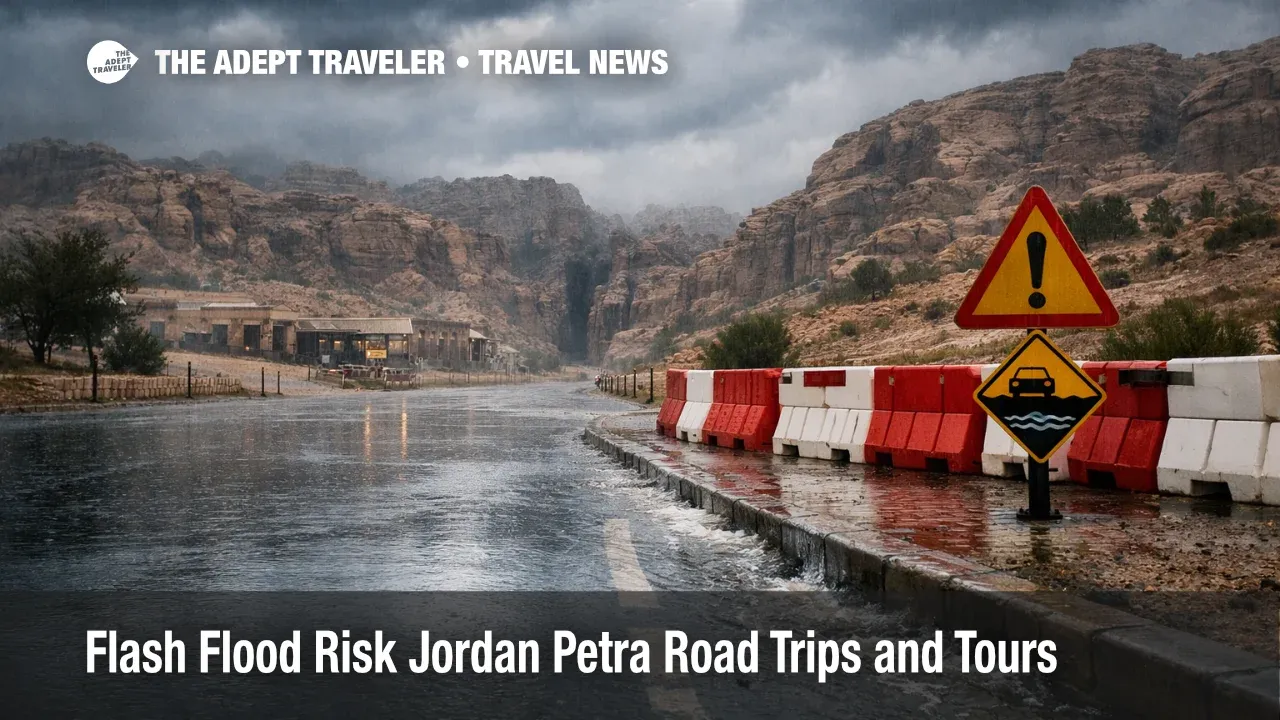 Jordan flash flood risk Petra, storm clouds over the Siq entrance and a wet road signal likely tour and transfer delays