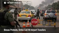 Bissau protests airport transfers slow at a checkpoint on the main road, raising missed flight risk at OXB