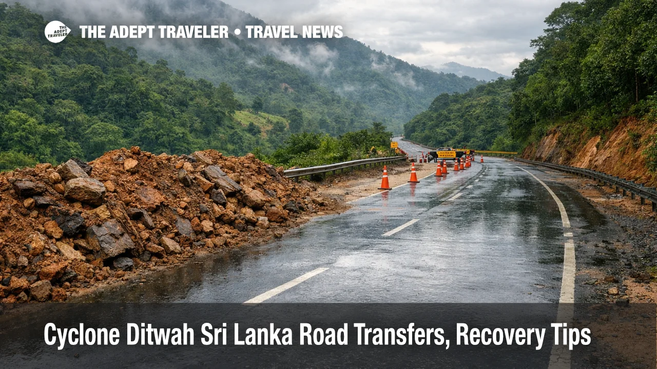 Flood stained highway with cleared debris in Sri Lanka, showing Cyclone Ditwah Sri Lanka road transfers still risky