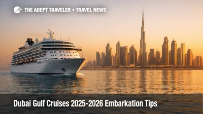 Cruise ship offshore Dubai at dusk, illustrating Dubai Doha Gulf cruise logistics and tighter transfer planning