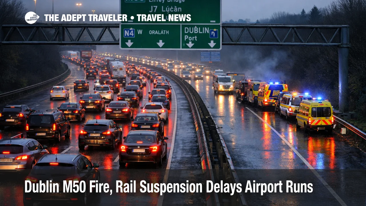 Dublin M50 fire airport transfers snarl at dusk near J7 Lucan, with emergency crews and heavy traffic.