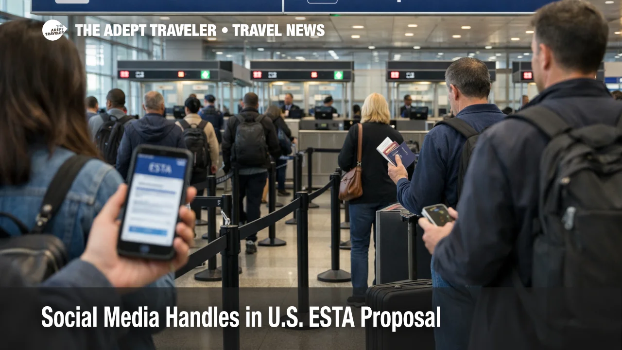 Airport passport control queues highlight ESTA social media handles risk, longer forms can trigger last minute denied boarding
