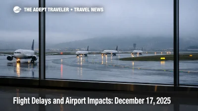 U.S. flight delays December 17 as jets queue at SFO under low clouds and wet ramps, tightening schedules