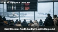 Hokkaido blizzard New Chitose flights show cancellations on terminal board as travelers wait out snow