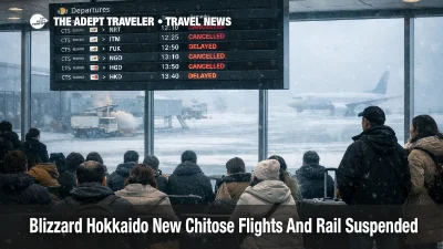 Hokkaido blizzard New Chitose flights show cancellations on terminal board as travelers wait out snow