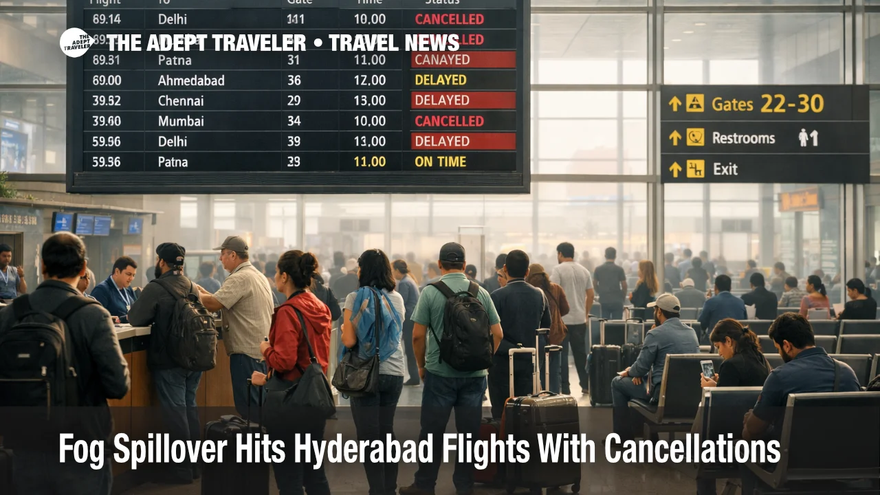 Hyderabad flight cancellations fog spillover shown on RGIA departures board as travelers queue to rebook