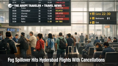 Hyderabad flight cancellations fog spillover shown on RGIA departures board as travelers queue to rebook