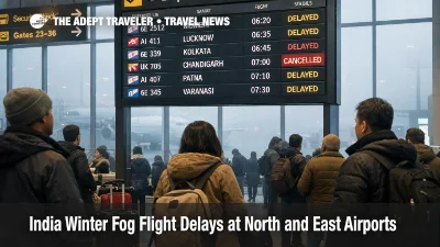 India Winter Fog Flight Delays show on a Delhi airport departures board as hazy runways slow morning flights