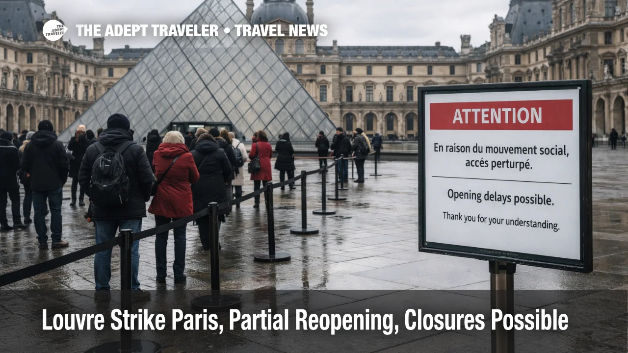 Visitors wait by the Louvre Pyramid as Louvre strike Paris access stays uncertain amid partial reopening.