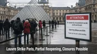 Visitors wait by the Louvre Pyramid as Louvre strike Paris access stays uncertain amid partial reopening.