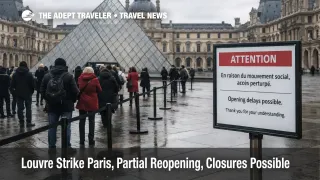 Visitors wait by the Louvre Pyramid as Louvre strike Paris access stays uncertain amid partial reopening.