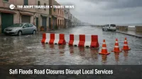 Safi floods road closures block a waterlogged coastal street in Safi, Morocco, complicating transfers and hotel checkouts