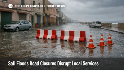 Safi floods road closures block a waterlogged coastal street in Safi, Morocco, complicating transfers and hotel checkouts