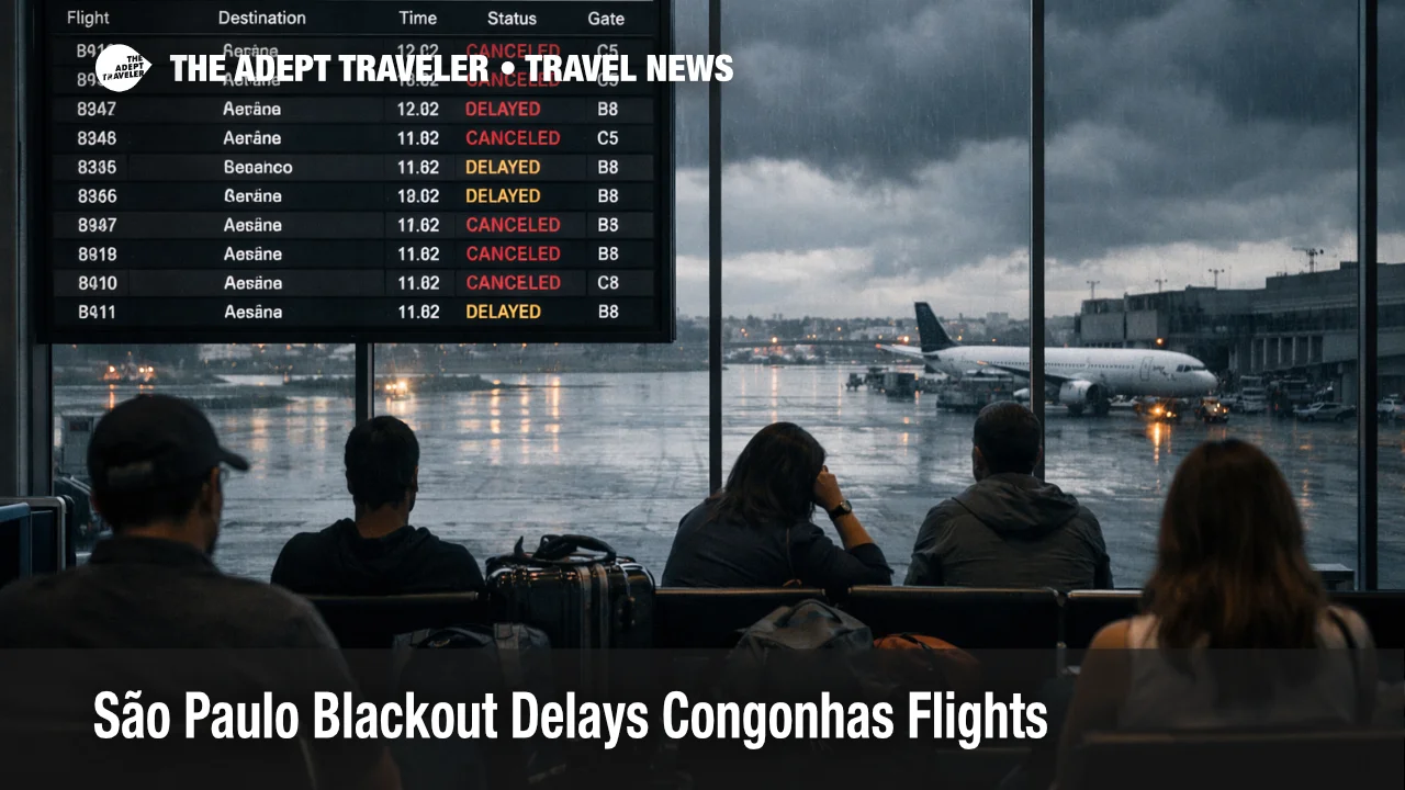 Departures board at Congonhas shows São Paulo blackout airport delays as travelers wait under stormy light