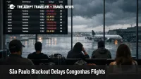 Departures board at Congonhas shows São Paulo blackout airport delays as travelers wait under stormy light