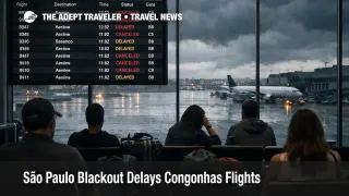 Departures board at Congonhas shows São Paulo blackout airport delays as travelers wait under stormy light