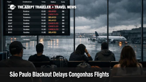 Departures board at Congonhas shows São Paulo blackout airport delays as travelers wait under stormy light