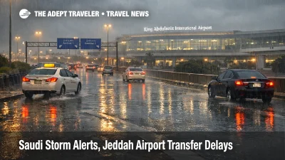 Saudi storm alerts Jeddah transfers, wet roads outside King Abdulaziz Airport show flooding risk and slow traffic