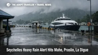 Seychelles heavy rain alert at Mahe Inter Island Quay with wet roads, low clouds, and ferry disruption risk