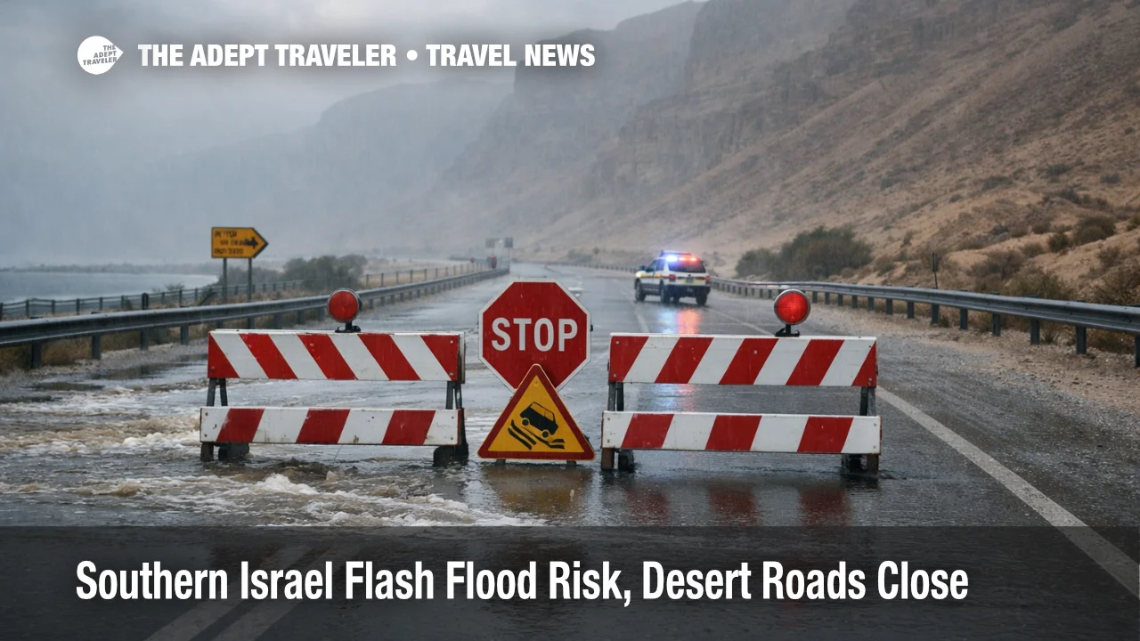 Southern Israel flash flood road closures shown on a wet Highway 90 scene near the Dead Sea with barriers and runoff