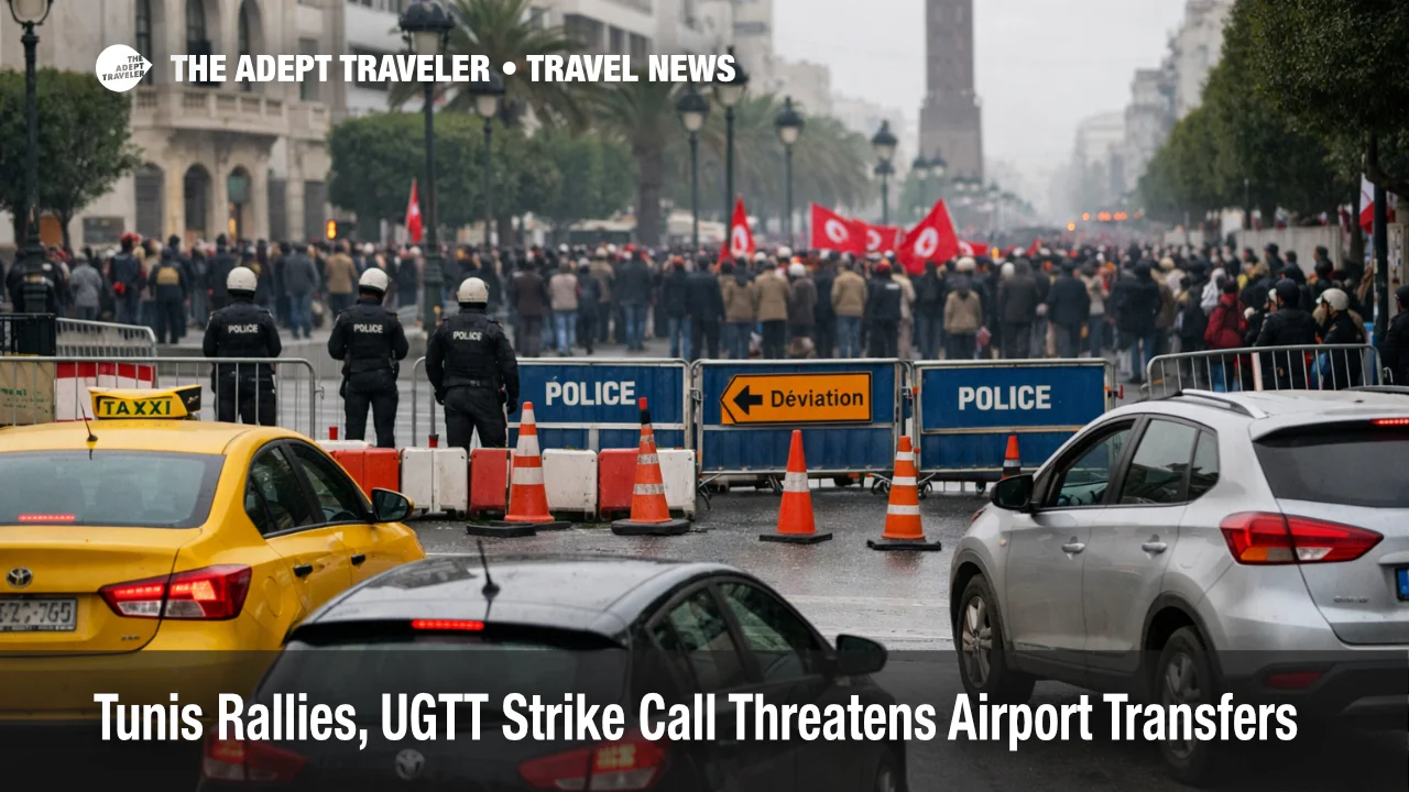 Tunis rallies UGTT strike airport transfers risk shown by police barriers on Avenue Habib Bourguiba