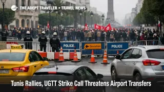 Tunis rallies UGTT strike airport transfers risk shown by police barriers on Avenue Habib Bourguiba