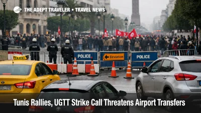 Tunis rallies UGTT strike airport transfers risk shown by police barriers on Avenue Habib Bourguiba
