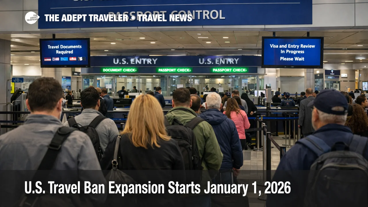 U.S. travel ban expansion shows longer JFK passport control queues as travelers verify visas before January 1, 2026