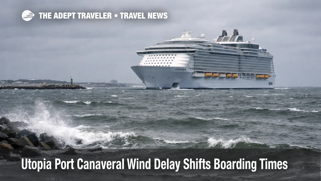 Utopia Port Canaveral delay as strong winds hold a cruise ship offshore, signaling late debarkation and boarding