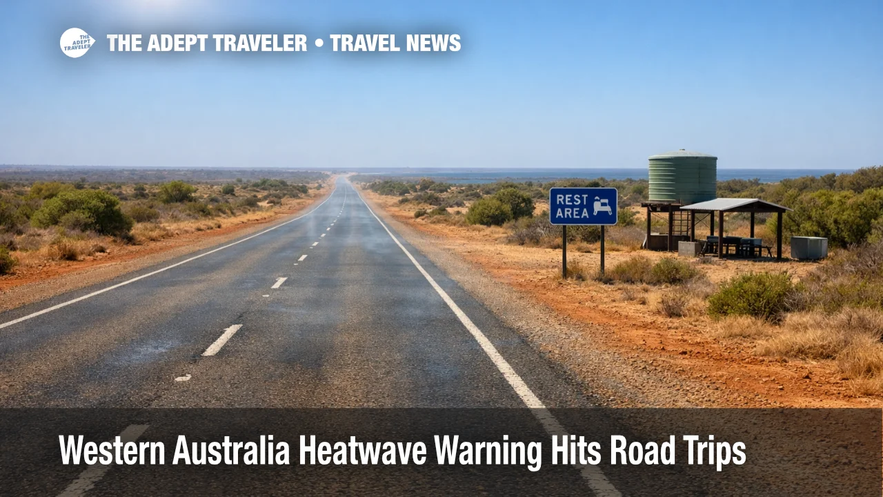 Western Australia heatwave warning raises risk for road trips, with heat haze over a remote highway and limited services