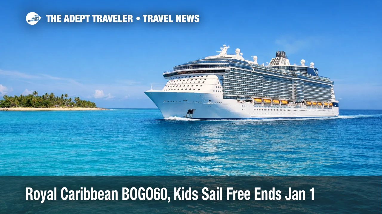 Royal Caribbean Kids Sail Free blackout dates loom as a cruise ship sails past a tropical island at dusk.