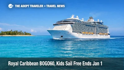 Royal Caribbean Kids Sail Free blackout dates loom as a cruise ship sails past a tropical island at dusk.