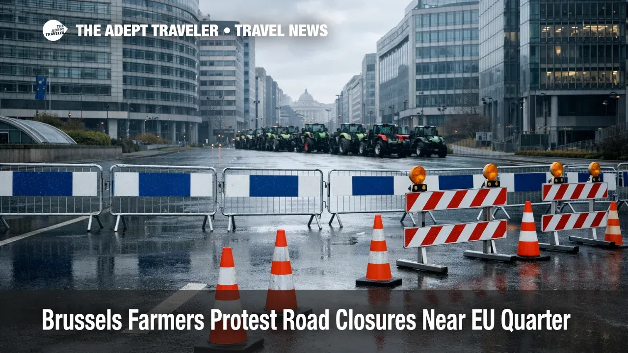 Brussels farmers protest road closures near the EU Quarter, with barricades and empty lanes by Schuman roundabout