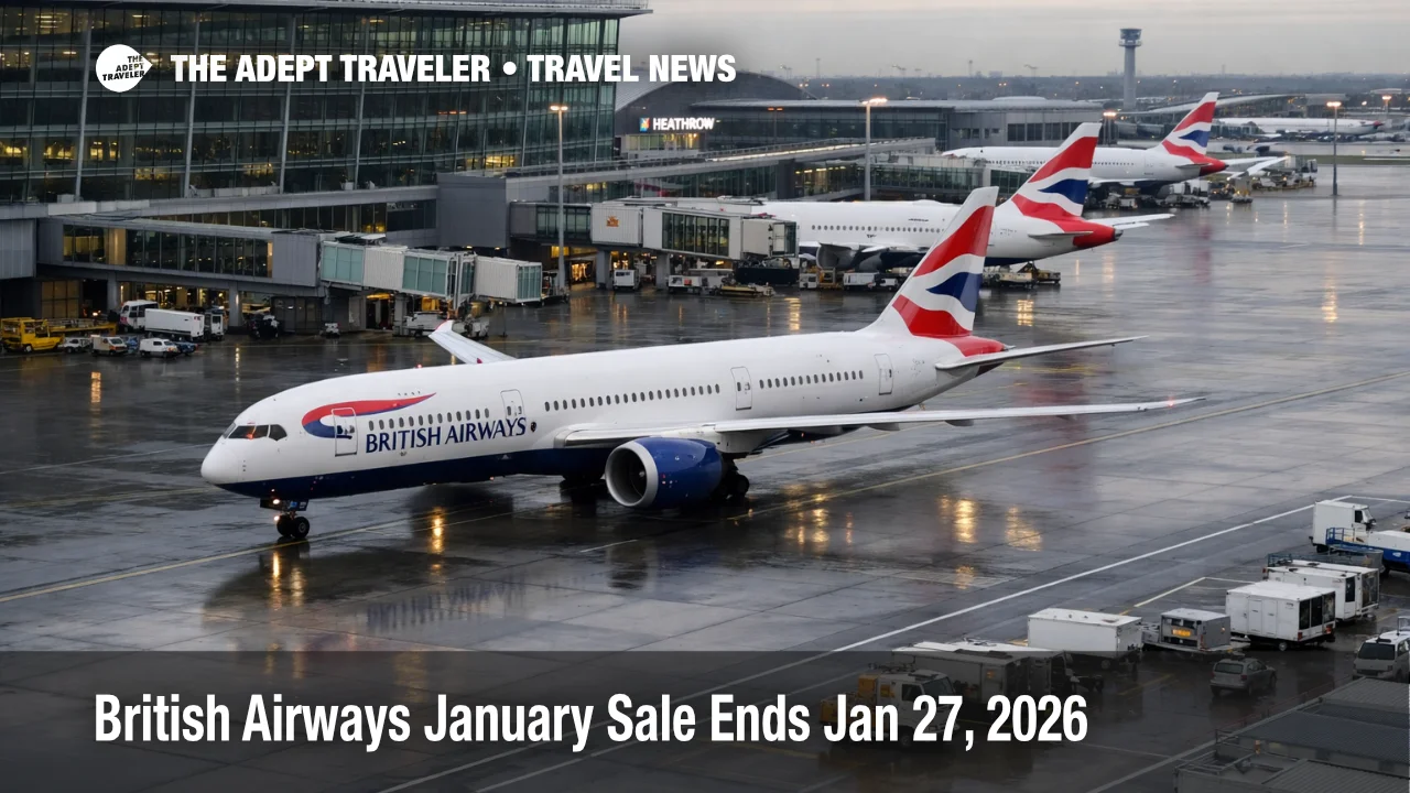 British Airways January sale shown by a BA jet taxiing at London Heathrow as travelers book flights through Jan 27, 2026