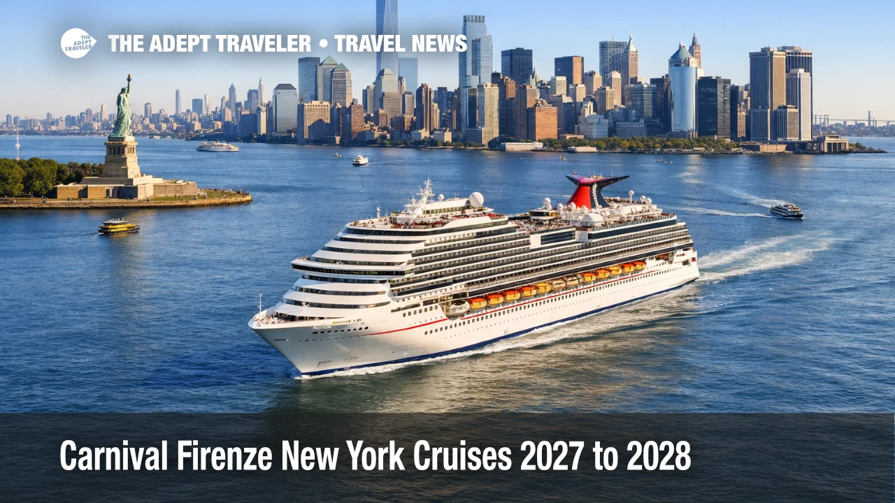 Carnival Firenze New York cruises, ship sailing past the Manhattan skyline, signaling new 2027 to 2028 itineraries