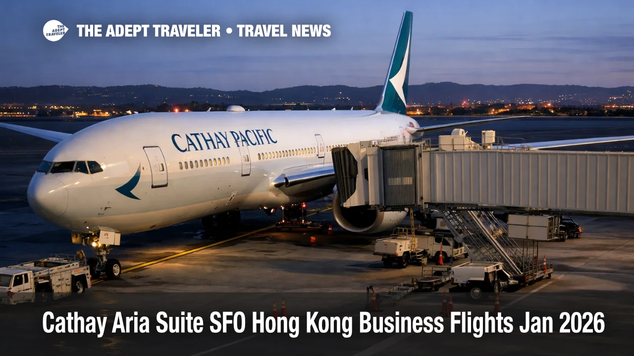 Cathay Aria Suite SFO flights, Cathay 777 at the gate, signaling upgraded cabins on the Hong Kong route