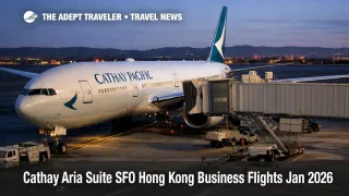Cathay Aria Suite SFO flights, Cathay 777 at the gate, signaling upgraded cabins on the Hong Kong route