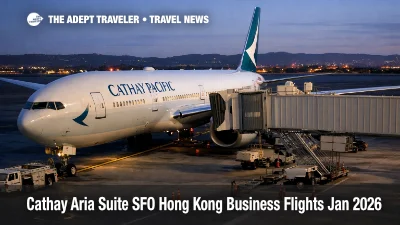 Cathay Aria Suite SFO flights, Cathay 777 at the gate, signaling upgraded cabins on the Hong Kong route