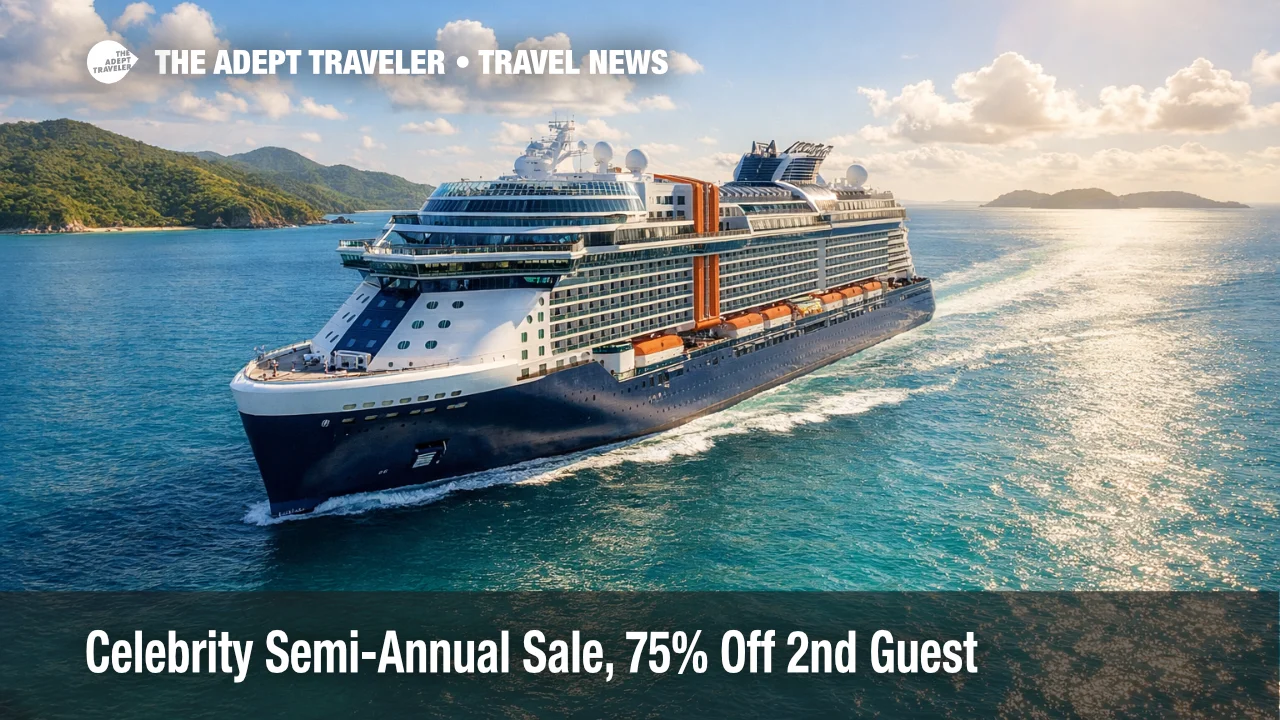 Celebrity Cruises Semi-Annual Sale shows an Edge-class ship underway in the Caribbean for 2026 to 2028 sailings
