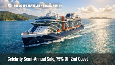 Celebrity Cruises Semi-Annual Sale shows an Edge-class ship underway in the Caribbean for 2026 to 2028 sailings