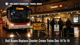 Chester to Crewe rail buses wait outside Chester station at night, signaling longer trips and higher misconnect risk