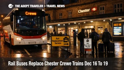 Chester to Crewe rail buses wait outside Chester station at night, signaling longer trips and higher misconnect risk