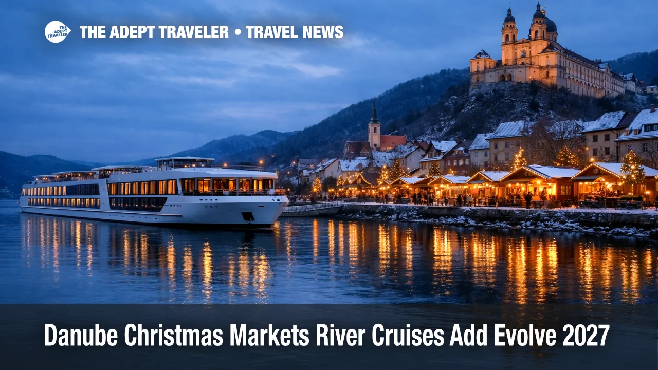 Danube Christmas markets river cruises, a modern river ship passes Vienna's lit waterfront beside winter market stalls.
