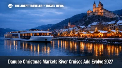 Danube Christmas markets river cruises, a modern river ship passes Vienna's lit waterfront beside winter market stalls.