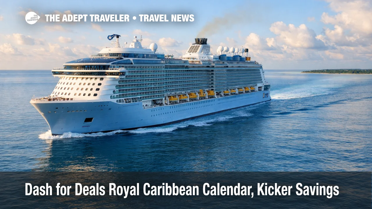 Royal Caribbean Dash for Deals calendar shoppers track short promo windows as a ship sails in calm seas